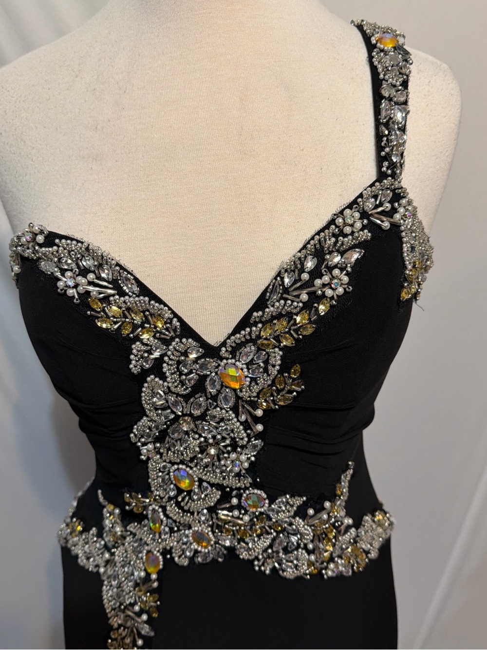 May Queen Black One-Shoulder Evening Gown with Silver & Gold Embellishments - Picture 2 of 5